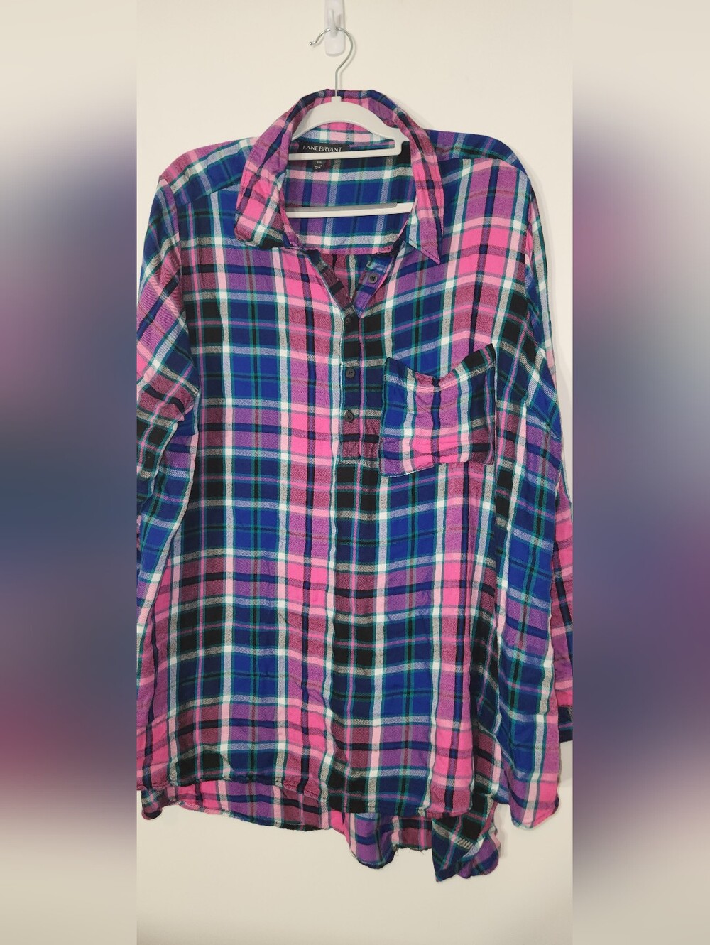 💙🩷Lane Bryant Pink Blue 💙🩷Plaid Tunic Top. 22P. Petite Button Up.
